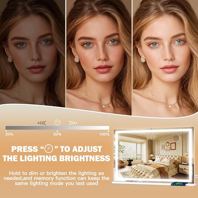 ROLOVE 39" x 28" Extra Large Vanity Mirror with Lights, Lighted Makeup Mirror with USB Charging Port & 10X Magnifier, 3 Color Dimmable Smart Touch, Wall Mounted or Tabletop Desk Mirror, White