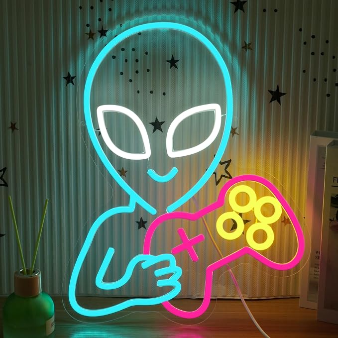 Alien Game Neon Sign Ice Blue Alien Neon Light for Wall Decor Dimmable Game Neon Sign Gaming Controller Light Up Sign for Bedroom Bar Room(16.14 * 12.8)
