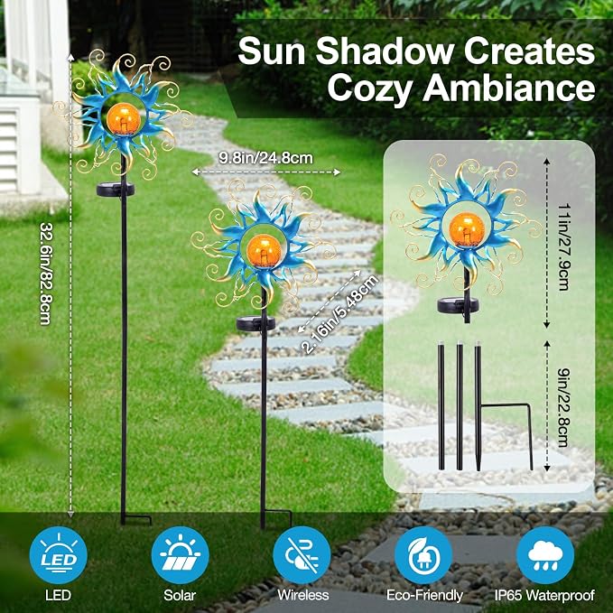 ZHQIAN Solar Lights Outdoor Garden Decor, Blue Metal Sun Crackle Glass Globe Stake Waterproof 30LED Decorations Unique Gifts for Women,Mom,Outside, Patio,Lawn,Yard,Pathway