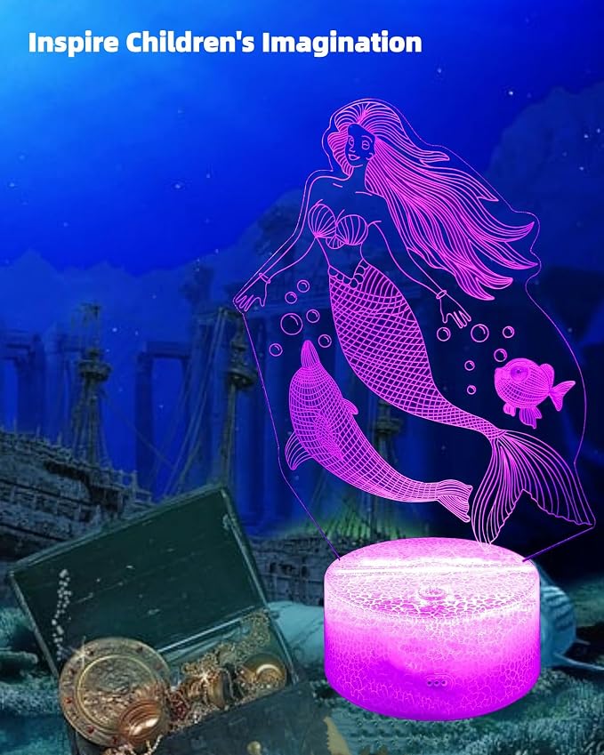 Mermaid 3D Illusion Night Light, 2 Patterns, Girl Gift LED Lamp | 16 Colors Changing, Dimmable, Touch & Remote Control, Room Bedroom Bedside Decor, Birthday Christmas Toy Idea for Kid Teen