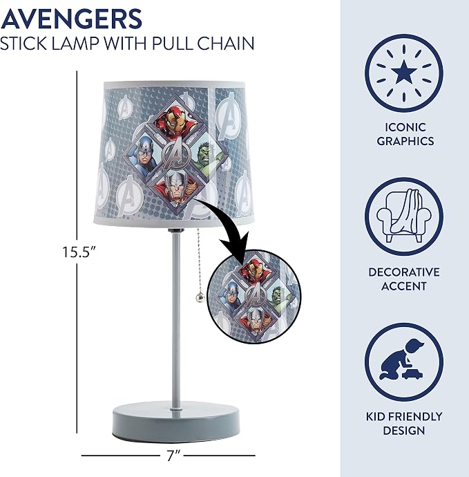 Avengers Stick Table Kids Lamp with Pull Chain, Themed Printed Decorative Shade,Metal