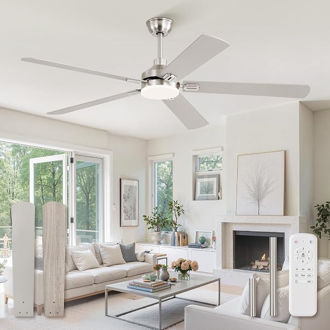 ZMISHIBO 60" Ceiling Fans with Lights and Remote, Nickel Modern for Indoor | Large Size, 3CCT, Downrod Mount, Farmhouse Dual Finish Blades, Quiet&Strong Motor, Memory Function for Bedroom, Living Room