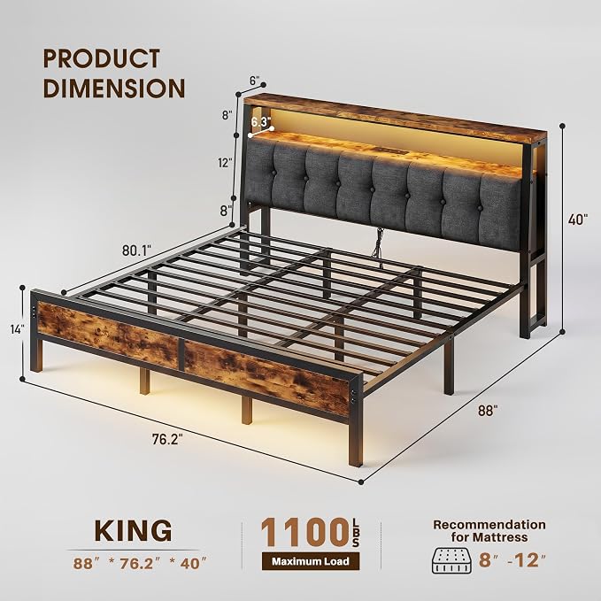 Homkdom King Bed Frame with Storage Headboard & Charging Station | Upholstered Linen, 2-Tier Shelf, 2 AC Outlets, Type-C,RGB LED Remote, 12in Underbed Clearance, 1100 lbs, No Box Spring, Brown