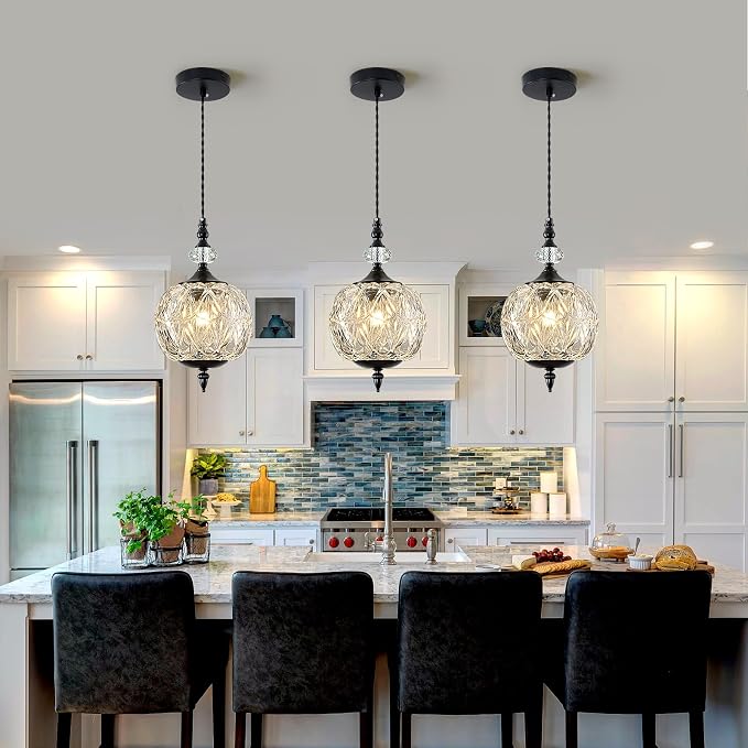 Piepooye Vintage Glass Pendant Light Farmhouse Black Chandelier E26 Mini Adjustable Hanging Ceiling Light Fixture for Kitchen Island Dining Room Bedroom Foyer Entryway