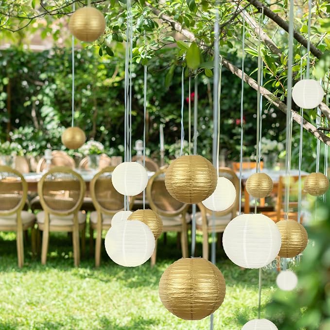 20Pcs Paper Lanterns Decorative, Gold and Ivory 6"8"10" for Home Decor | Round Hanging Paper Lanterns Decorations for Rustic Party Bridal Shower Wedding Engagement Birthday Classroom Ceiling Decor