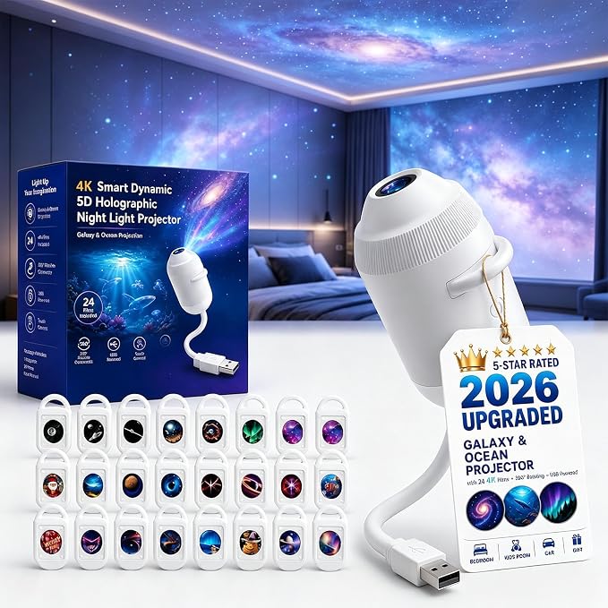 2027 New Hd Smart Dynamic 5d Holographic Night Light Projector with 24 Films Plug and Play HD Star Projector 360° Adjustable 2-in-1 Galaxy Star Ocean USB Powered Ceiling Projector for Bedroom