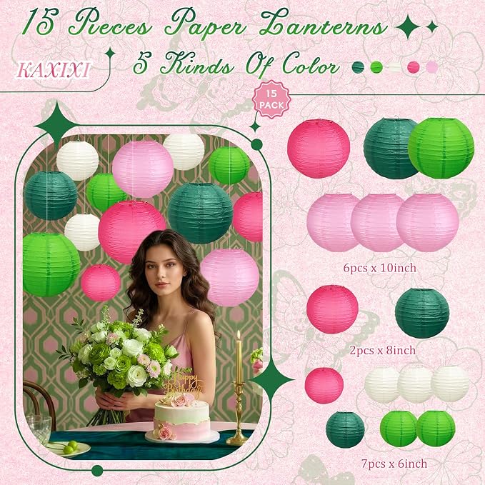15-Piece Pink Green White Paper Lanterns Party Decorations | 6/8/10-Inch Hanging Decor for Princess Birthdays, Baby Showers, Witch Themes, Bachelorette and Summer Parties