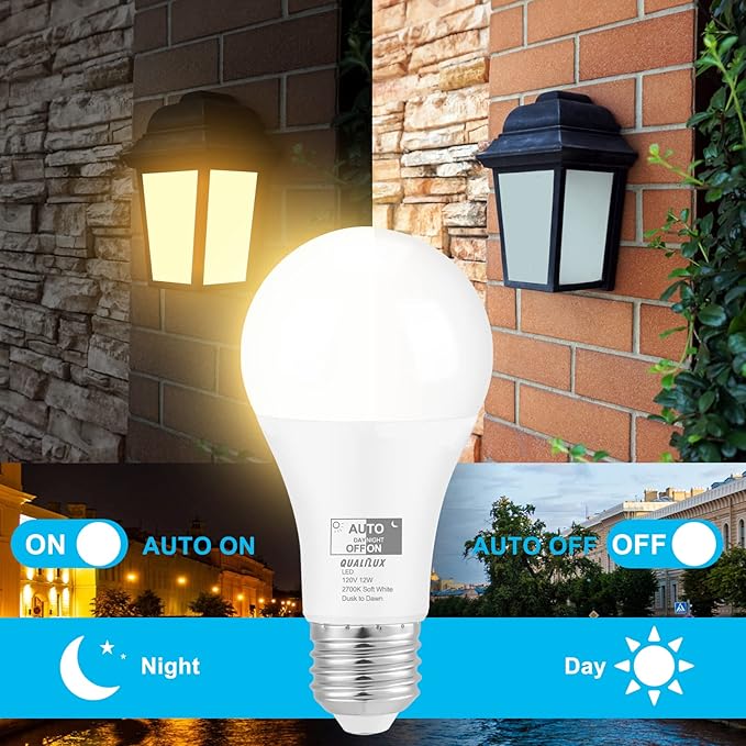 Dusk to Dawn Light Bulbs, Auto On/Off Light Sensing LED Bulbs Outdoor, Soft White, A19 4-Pack, 12W 1000LM 75W Equivalent, HQ-H022