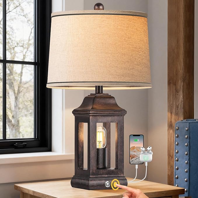 24" Rustic Farmhouse Table Lamps for Living Room, Single Pack Touch Dimmable Nightlight Vintage Bedside Lamps with USB A+C Ports & Dual Light Sources for Bedroom Nightstand End Table, Antique Black