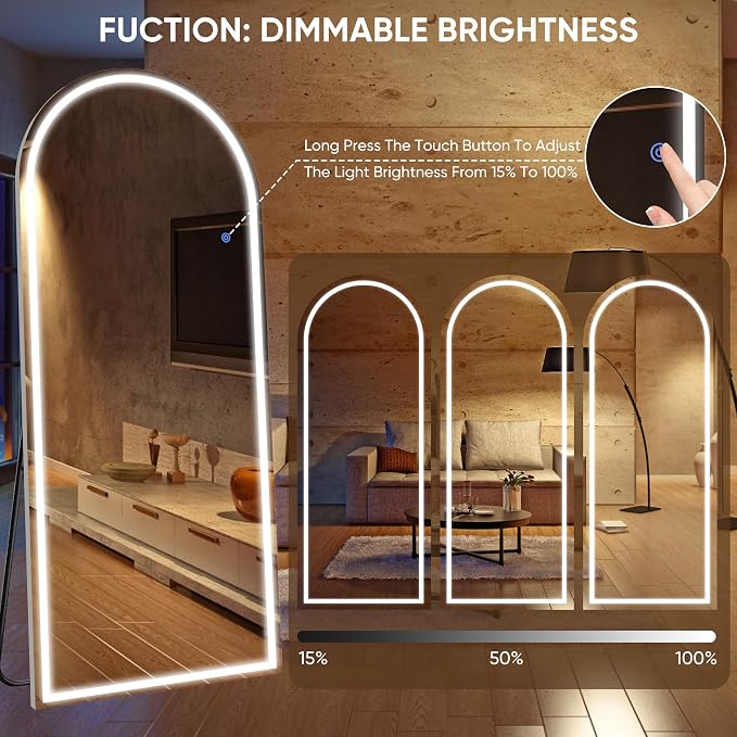 Antok LED Full Length Mirror with Light, 56"x20" Lighted Full Body Mirror with Stand, Dimmable & 3 Color Lighting Standing/Leaning/Wall Mounted Vanity Mirror for Bedroom Cloakroom Livingroom(Arched)