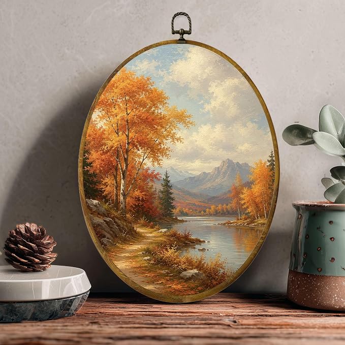 Autumn Mountain Lake Oval Wall Art, Framed Canvas Decor, 8.5x11.5 Inch | Golden trees, mountain lake, lakeside path and peaceful nature farmhouse decor