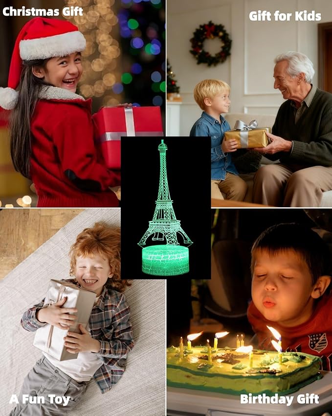 Eiffel Tower Night Light, 2 Patterns, Paris Themed 3D Illusion Lamp | 16 Color Changing, Dimmable, Touch & Remote Control, Arch of Triumph Bedroom Décor, Birthday Christmas Gift Dad Mom Kid