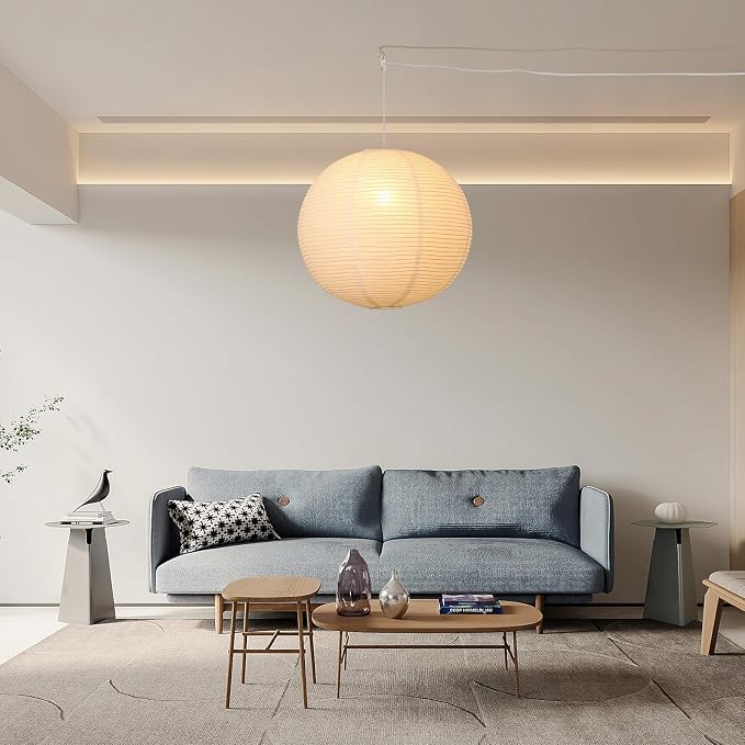 20in Paper Lanterns Plug in Hanging Lamp White, 19.7FT Cord | Rice Paper Lamp Lantern Pendant Light Large Globe Japanese Japandi Wabi Sabi Chandelier for Dining Living Room Bedroom 2 Pack