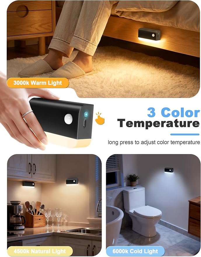 Motion Sensor Stair Lights Indoor, 3 Pack Rechargeable Wireless Step Lights with 3 Color Temperatures, 1200mAh Battery, Magnetic Base for Hallway, Closet, Bathroom, Black