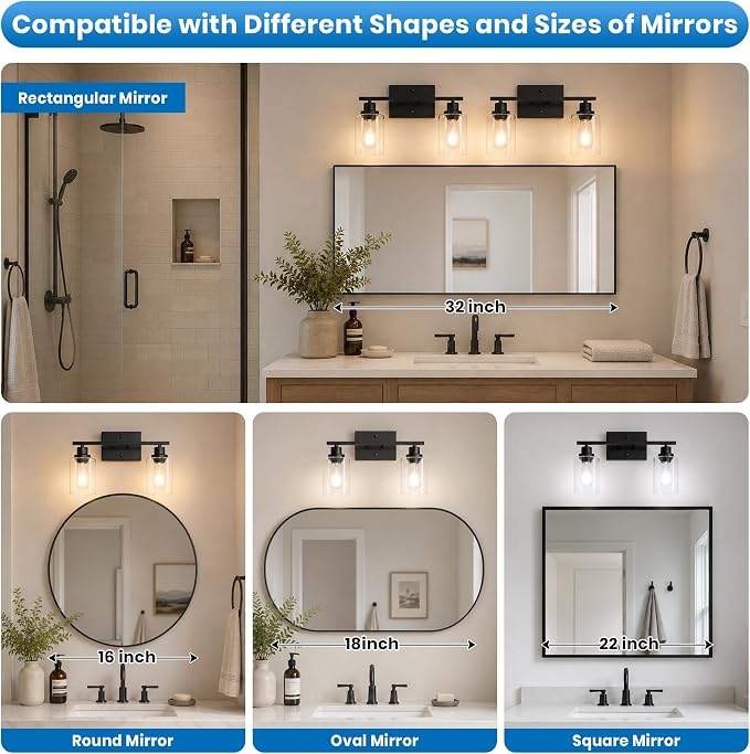 Ascher 2 Light Bathroom Light Fixture, Matte Black Bathroom Lighting Fixtures Over Mirror, Vanity Light with Clear Glass Shade, Wall Sconce for Living Room Bedroom Cabinet, E26 Base
