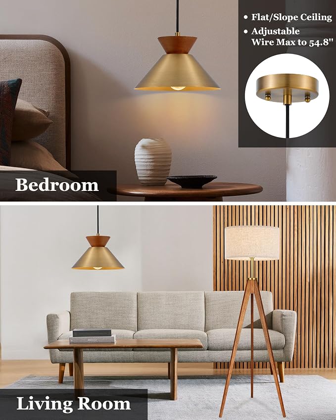 ELYONA Vintage Pendant Light for Kitchen Island, 10" Solid Wood Hanging Lamp with Brushed Brass Metal Shade & Gold Inner Finish, Mid Century Pendant Light Fixtures for Dining Room Bedroom Living Room