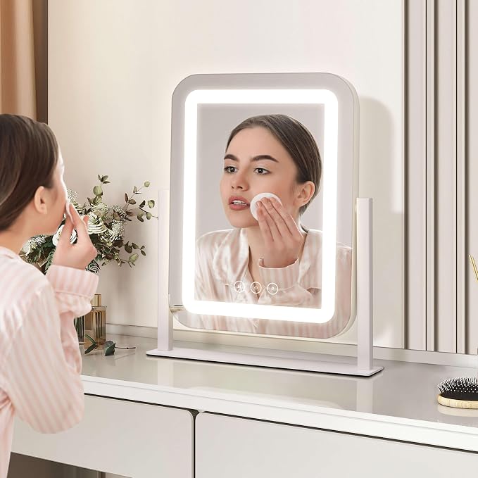 Vanity Mirror with Lights, 12"×13.9" Makeup Mirror with LED Lights, Lighted Makeup Mirror with Smart Touch Control & 3 Dimmable Color Modes, Mirror with Lights for Desk, Bedroom, Dressing Room