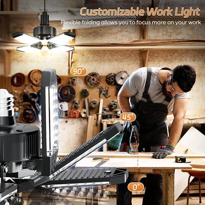 Garage Light, 2 Pack 120W 12000LM LED Garage Ceiling Lights 6500K, 4 Panels Deformable Shop Lighting Screw into E26 E27 Bulb Socket, LED Light for Shop, Workshop, Basement, Attic, Bay
