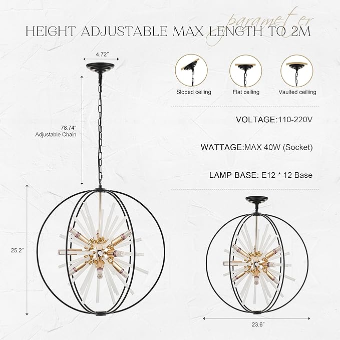 23.6" Black Gold 12-Light Globe Sputnik Chandelier Modern Firework Hanging Ceiling Glass Tube Pendant Light Fixture for Entryway Foyer Staircase Dining Living Room Hallway