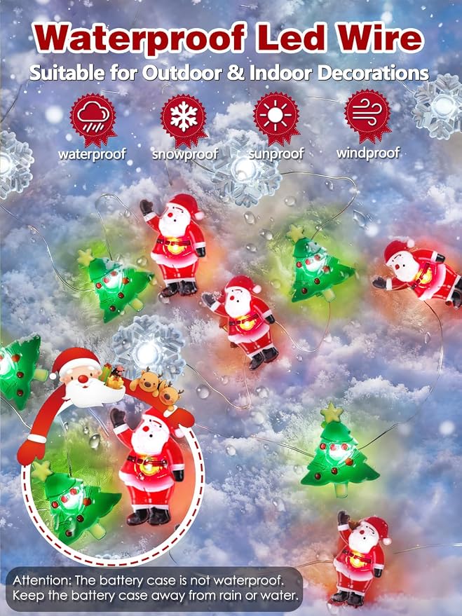 Christmas Tree Santa Snowflake Fairy Lights Battery Operated with Remote | 10FT 30LED, 8 Modes & Timer, Waterproof Wire, Christmas Fairy Lights Twinkle for Indoor Outdoor Xmas Fireplace Window Decor