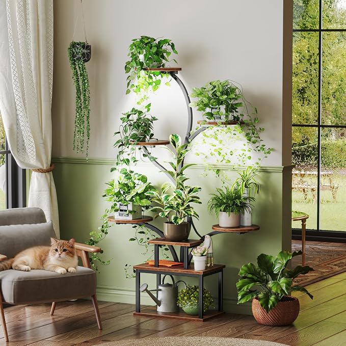 51 Inch Plant Stand with Grow Lights, 8 Tiered Indoor Plant Shelf | Corner Plant Rack with Larger Flower Holder, Curved-tubed Design, 3 Light Modes, for Living Room, Rustic Brown