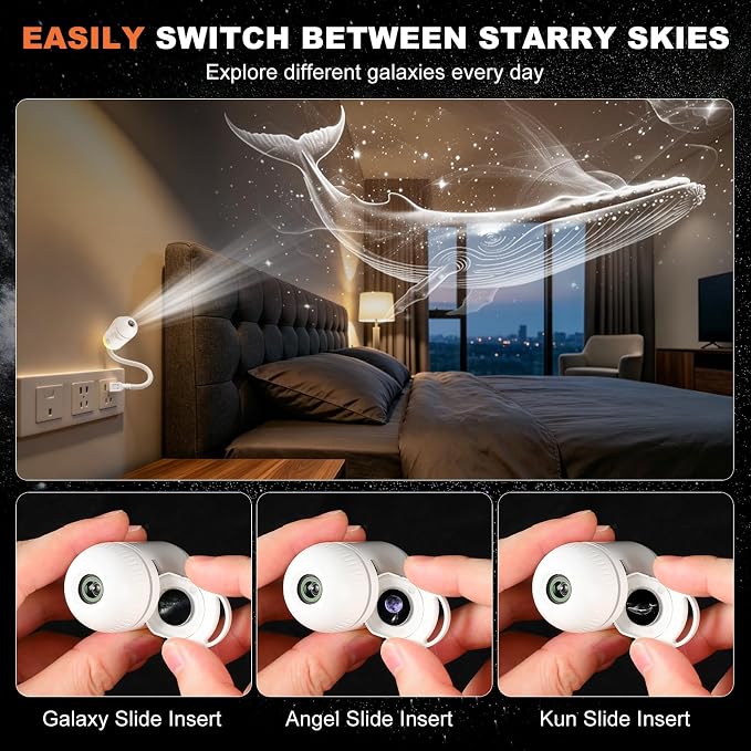 2-in-1 Galaxy Projector Night Light,USB Star Projector for Bedroom with Sliding Projection Films,Mini LED Night Light Projector Wall Lamp with Adjustable Brightness,360° Starry Sky Ceiling Decor Gift
