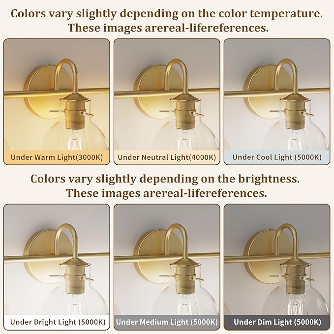 Gold Vanity Light, 3 Light Bathroom Light Fixtures, Modern Bathroom Vanity Lights Fixtures Over Mirror with Clear Globe Glass Shade, Gold Wall Sconces for Bathroom Hallway, E26 Base