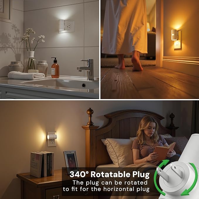 L LOHAS LED Motion Sensor Night Light, Motion Sensor Light Indoor, Rotating | Motion Activated Night Lights Plug into Wall,Amber-3000K-5000K,10-50-100%LM, Mini,Hallway Bathroom Travel[White Shade,2 Pack]
