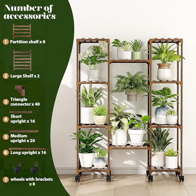 GENTINGBRO Plant Stand with Wheels Outdoor Indoor Hanging Plant Shelf for Multiple Plants Tall Large Holder for Living Room Patio Balcony Garden Corner Mobile