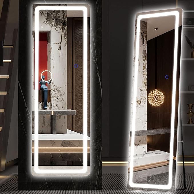 Hasipu Full Length Mirror with Lights, 56" x 16" LED Floor, Full Body Dressing Standing, Hanging Mounted Mirror, Round White