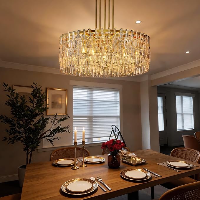 36'' W Round Single-Tier Crystal Chain Chandelier 9-Light E26 Modern Pendant Light, Burnished Brass Finish with 350+ Crystal Links, 79 Inch Adjustable Hanging Rod Ceiling Light, Gold