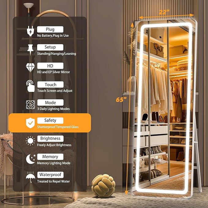 Hasipu Full Length Mirror with Lights, 65" x 22" LED Floor, Full Body Dressing Standing, Hanging Mounted Mirror, Round White