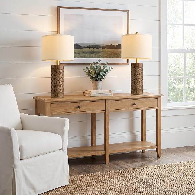 BOBOMOMO 24.25" Modern Farmhouse Table Lamps Set of 2, Geometric Wood Grain Resin Bedside Lamps for Nightstand, Rustic Lamps for Living Room, Bedroom, Entryway, Home Decor, Linen Shade