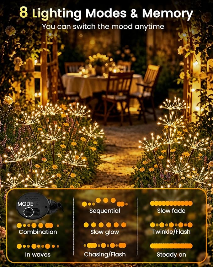 OZS 6 Pack Solar Firework Lights Outdoor, 360LED Solar Garden Lights | 8 Lighting Modes, IP65 Waterproof, Outdoor Lights Solar Powered for Yard, Pathway, Flowerbed, Planter, Gifts for Mom