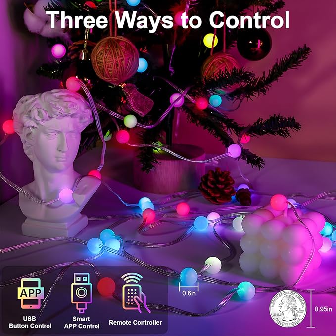 Christmas String Lights Indoor 16.4FT 33LEDs, Smart RGB Fairy Twinkle Christmas Lights with Music Sync, RF Remote, APP Control, Multicolor, USB Powered for Party Garden Bedroom Decor