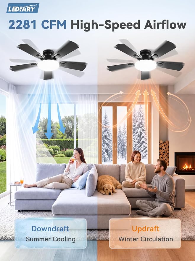LEDIARY 42 Inch Flush Mount Ceiling Fans with Lights, Remote & APP Control | Bright Light, 3CCT, Dimmable, Memory Function, Timer, Reversible Blade, Quiet DC Motor, Damp-Rated, Bedroom, Covered Patio