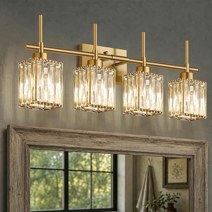 Torondo Modern Crystal Bathroom Vanity Light 4-Lights Brushed Gold Bathroom Light Fixtures Over Mirror Brushed Gold Vanity Lighting Fixtures Square Shade Brass Wall Sconce (Bulbs Not Include)