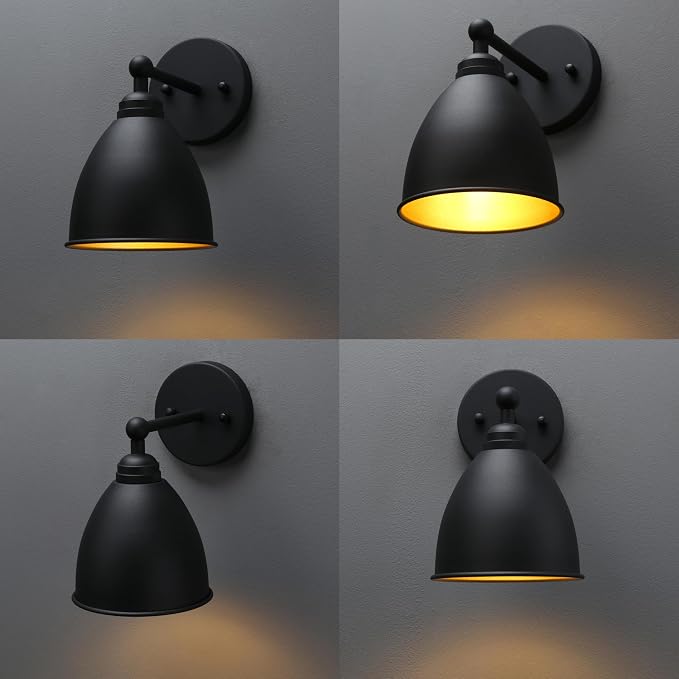 Phansthy Industrial Hardwire Wall Sconce Vintage Farmhouse Wall Light Fixture, Right-Angled Wall Lights with Rustic Metal Lampshade for Bedroom, Living Room, Reading, Kitchen (Black, 2 Pack)