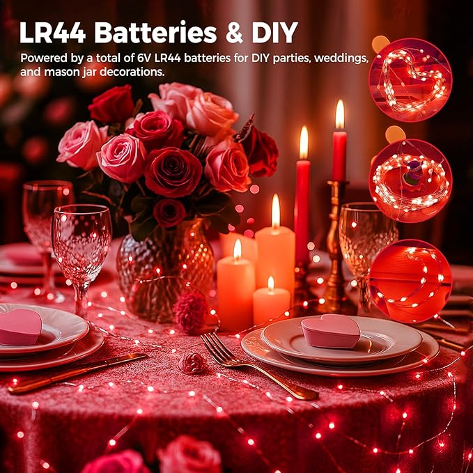 litogo 6 Pack Red Fairy Lights Battery Operated with Timer, 20 LED 3 Modes Twinkle Light, 7ft Waterproof Silver Wire Mini Small Bulk Mason Jar String Light, Decor for Wedding Party Christmas