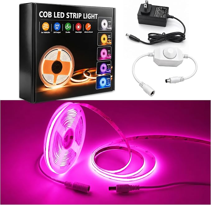 LED Strip Lights 24V COB Pink Dimmable LED Lighting 16.4ft (Kit) | Bright, Dotless High Density 7.2/m, 8mm Width Cuttable Flexible, Home DIY Commercial Decoration