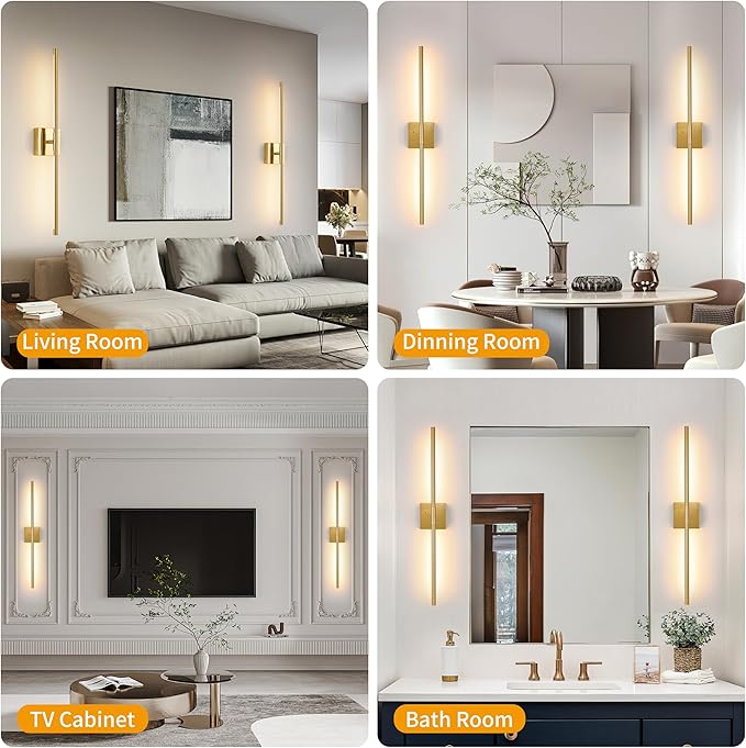 10000mAh Gold Battery Operated Wall Sconces Set of 2, 3 Color Dimmable Rechargeable Wall Light with Remote, 24 Inch Wireless Sconce Wall Lighting with Timer Function for Living Room, Bedroom, TV