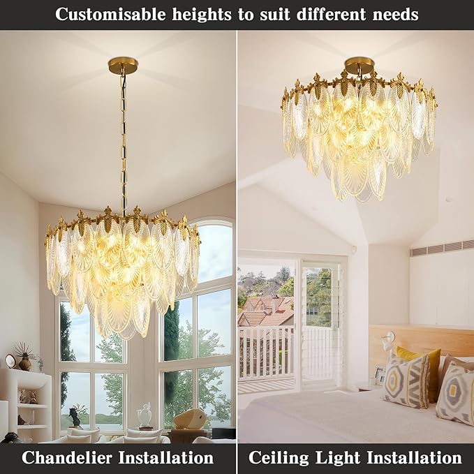 Antique Chandelier 3-Tier Glass Crystal Chandeliers, 9-Lights Gold Round Pendant Light 23.6" Brushed Brass Adjustable Height, Applicable to Dining Room, Bedroom, Living Room, Foyer, Kitchen
