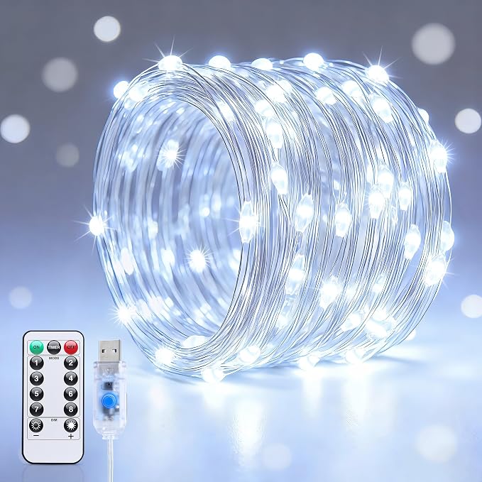 JMEXSUSS USB White Fairy Lights Plug in, 33ft 100 LED Twinkle Lights Indoor | Mini String Lights for Bedroom, Living Room, Classroom, Birthday Party, Wedding, Tree, Christmas Decoration, Remote