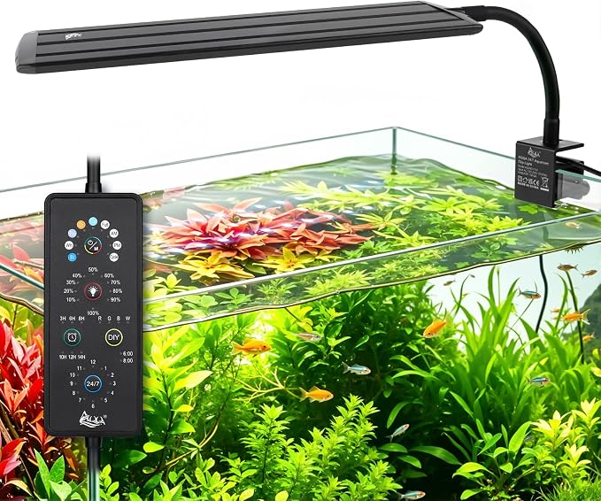 AQQA Clip On Aquarium Light for Plants Full Spectrum Fish Tank Light | with 24/7 Natural Mode & DIY RGBW Mode, 6 Timer Settings, 9 Color Options & 10 Dimmable Levels (12W for 7.9"-11.8" Tank)