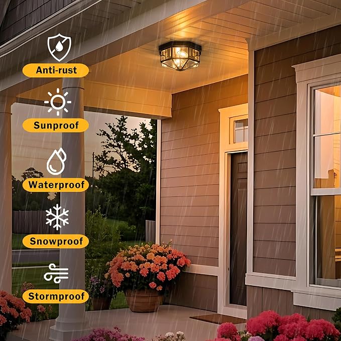 11 Inch Copper Motion Sensor Outdoor Ceiling Light for Porch | 2-Light Design, E12 Base, Dusk to Dawn, Vintage Industrial Style, Clear Tempered Glass, Octagonal Shape