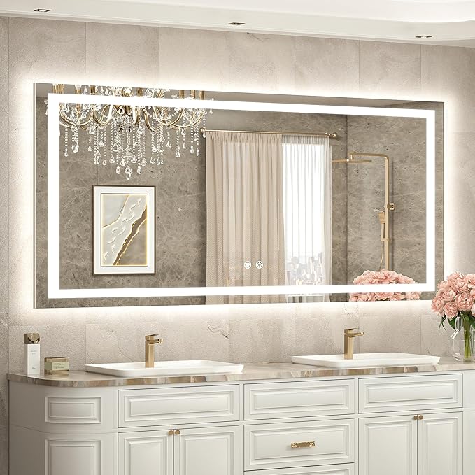 60 x 30 LED Lighted Bathroom Mirror with Lights, Brighter Front and Backlit Light up Mirror for Bathroom Vanity Wall, 3-Color Dimmable Illuminated Antifog Mirror, Waterproof, Tempered Glass