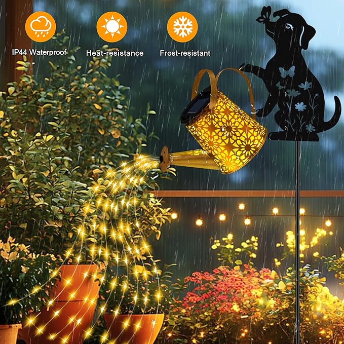 Christmas Gifts Solar Lights Outdoor Decorative, Watering Can with Cascading Lights, with Dog Silhouette Garden Stakes, Waterproof Metal Garden Decor 2 Pack