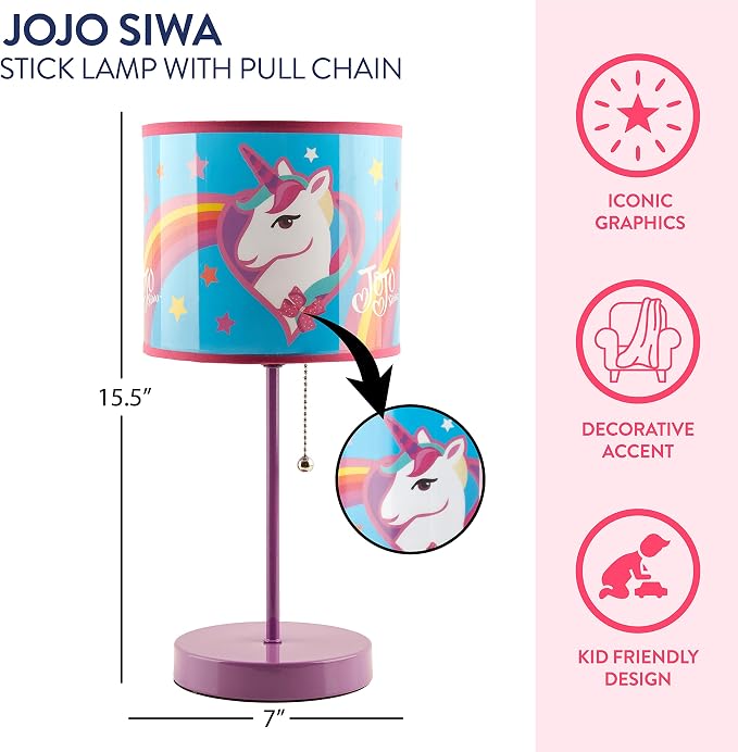 Idea Nuova JoJo Siwa Unicorn Stick Table Kids Lamp Metal with Pull Chain, Themed Printed Decorative Shade