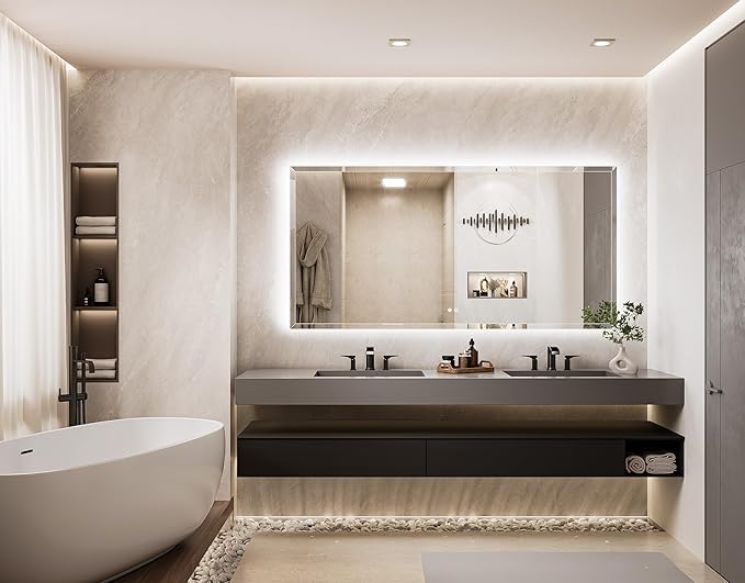 TETOTE 72 x 36 Large LED Mirror Backlit, Beveled Bathroom Mirror with Backlight, Tempered Glass, 3 Colors Lights, Defogger, Adjustable Brightness, Smart Mirror, Frameless Vanity Mirror for Wall