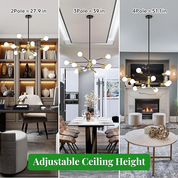 Sputnik Chandelier 10-Light, Mid Century Modern Height Adjustable Ceiling Light Fixture for Dining Room, Kitchen Island, Living Room,Bedroom-Black and Gold